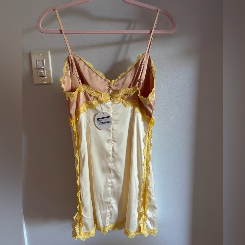 Indigo Octopus Beige Botany Ivory Cream Yellow Pink Lace Satin Mini Slip Dress M - Picture 4 of 7